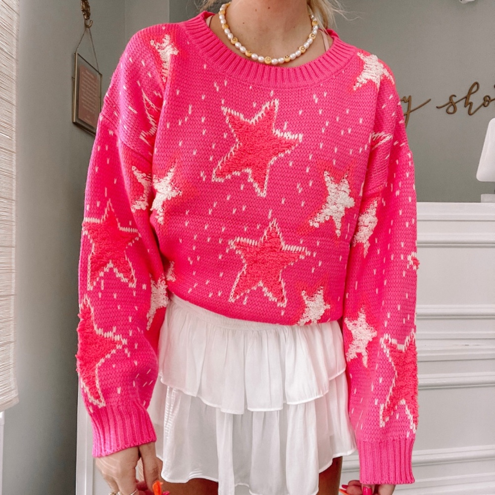 Sassy Cupcake Neon Pink Star Sweater NWOT Sz. S/M